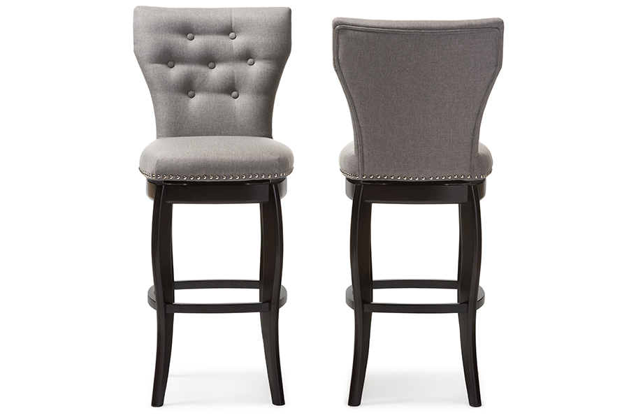 Baxton Studio Leonice Modern and Contemporary Grey Fabric Upholstered Button-tufted 29-Inch 2-Piece Swivel Bar Stool Set
