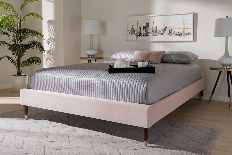 Baxton Studio Volden Glam and Luxe Light Pink Velvet Fabric Upholstered Full Size Wood Platform Bed Frame with Gold-Tone Leg Tip