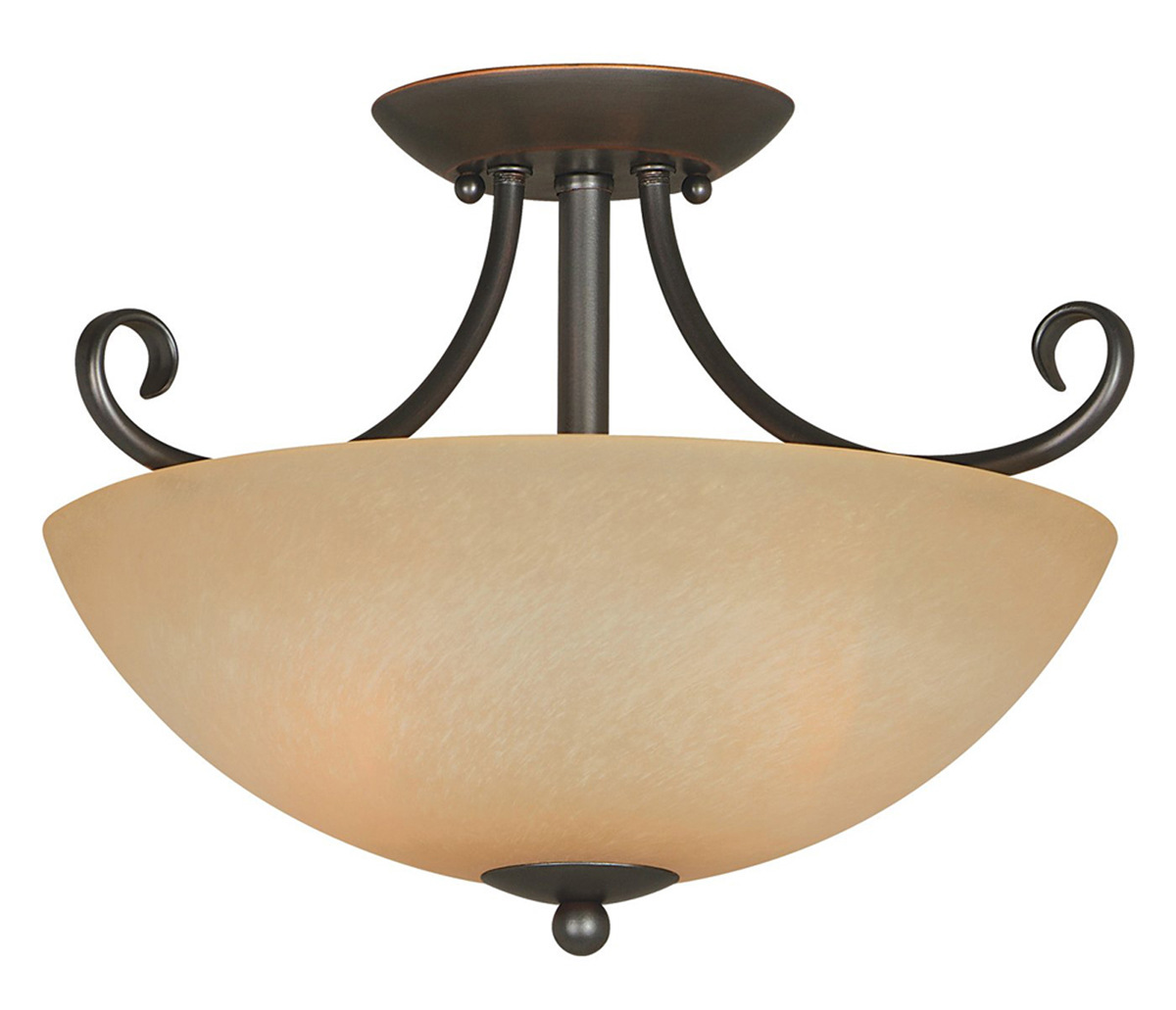Berkshire 2 Lights Semi-Flush Ceiling Light Fixture, Classic Bronze, Amber Glass Shade