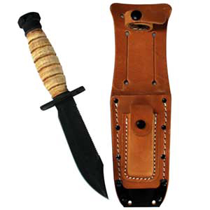 499 Air Force Survival Knife, Black Blade, w/Leather Sheath
