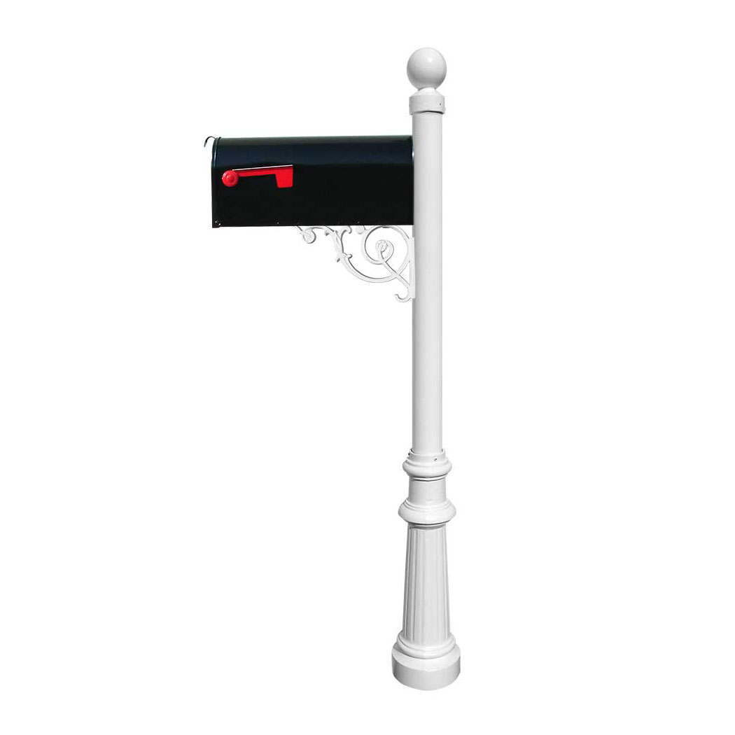 Lewiston Post (White) with Support Brace, E1 Economy Mailbox, Mounting Plate, Fluted Base & Ball Finial